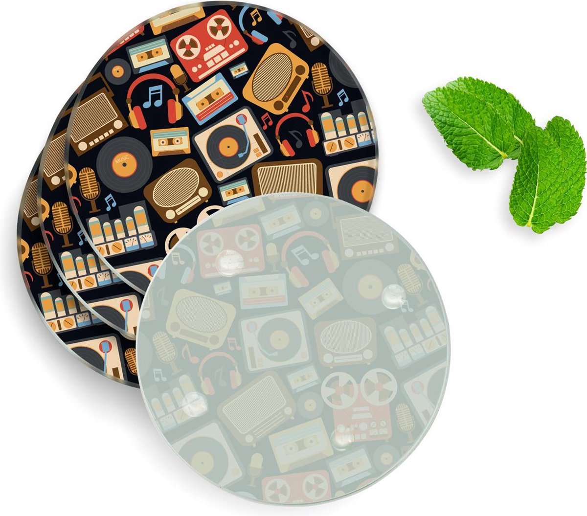 4 Luxe Glazen Onderzetters - Design Retro Patroon - Rond