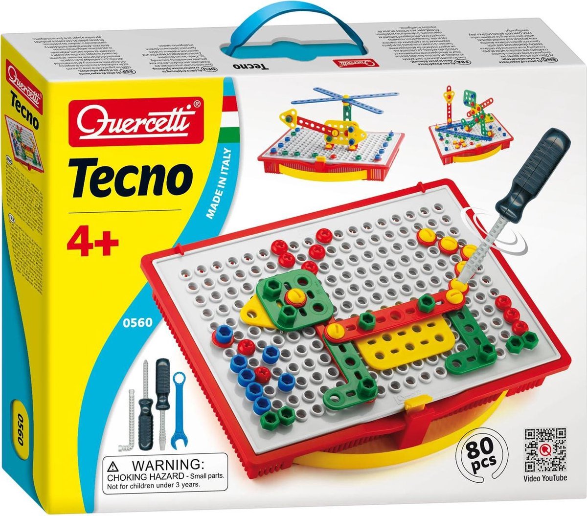 Quercetti Tecno Bouwspeelgoed - Draagbaar Frame met Bouwonderdelen en Gereedschap - 80 Stuks
