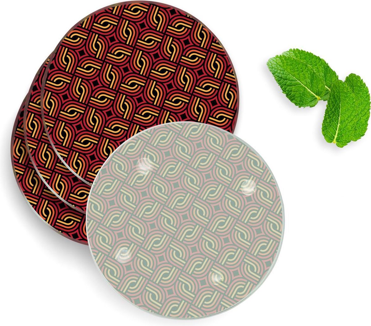 4 Luxe Glazen Onderzetters - Design Retro Lines - Rond