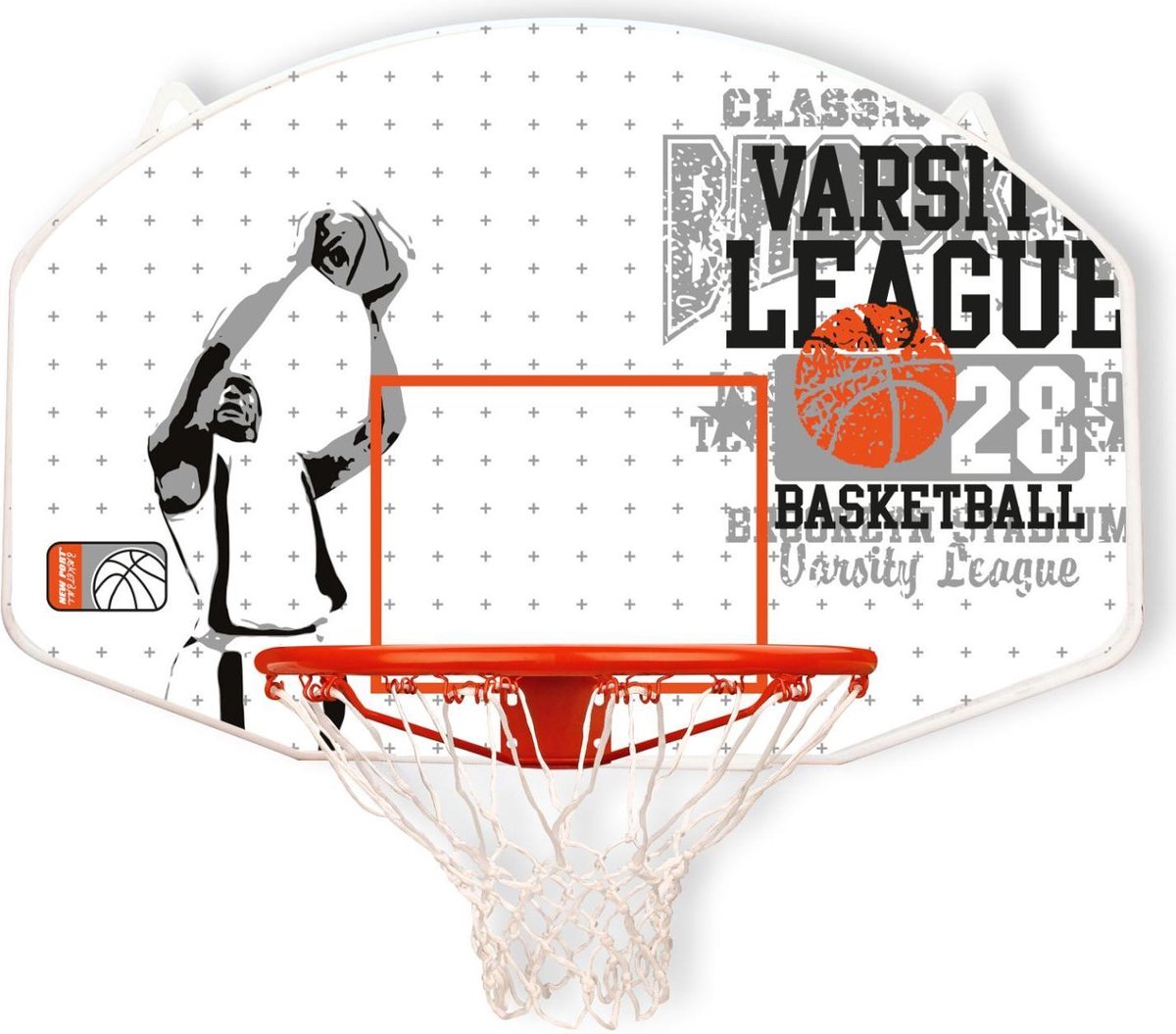 New Port Basketbalbord + ring + net - Wit/Grijs/Oranje