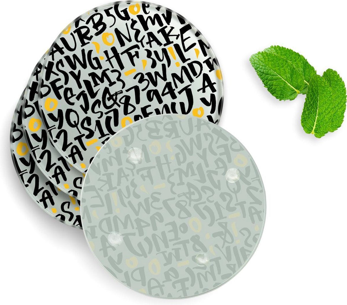 4 Luxe Glazen Onderzetters - Design Cijfers en Letters - Rond