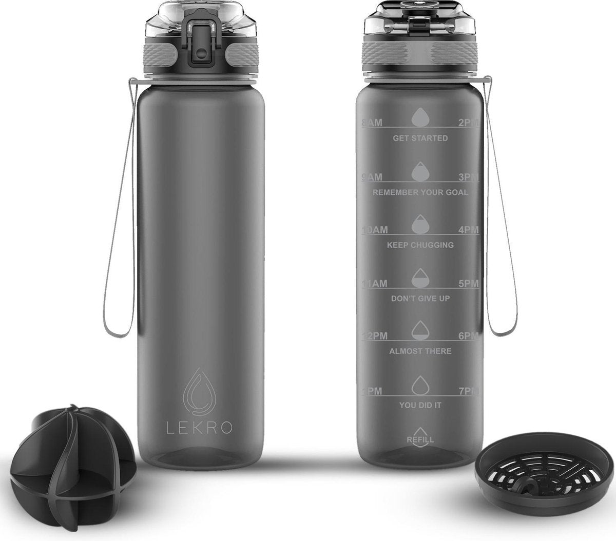 Lekro Waterfles met Tijdmarkeringen - Motivatie Waterfles met Fruitfilter en Shake Bal/Shaker - Drinkfles 1 Liter - BPA vrij - Grijs