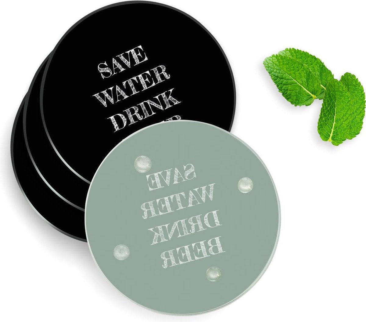 4 Luxe Glazen Onderzetters - Design Save Water - Rond