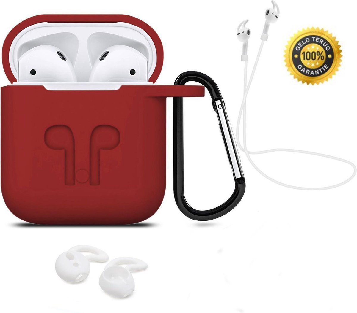 3 in 1 set! Hoesje voor Airpods siliconen case cover beschermhoes + strap + earhoox - rood