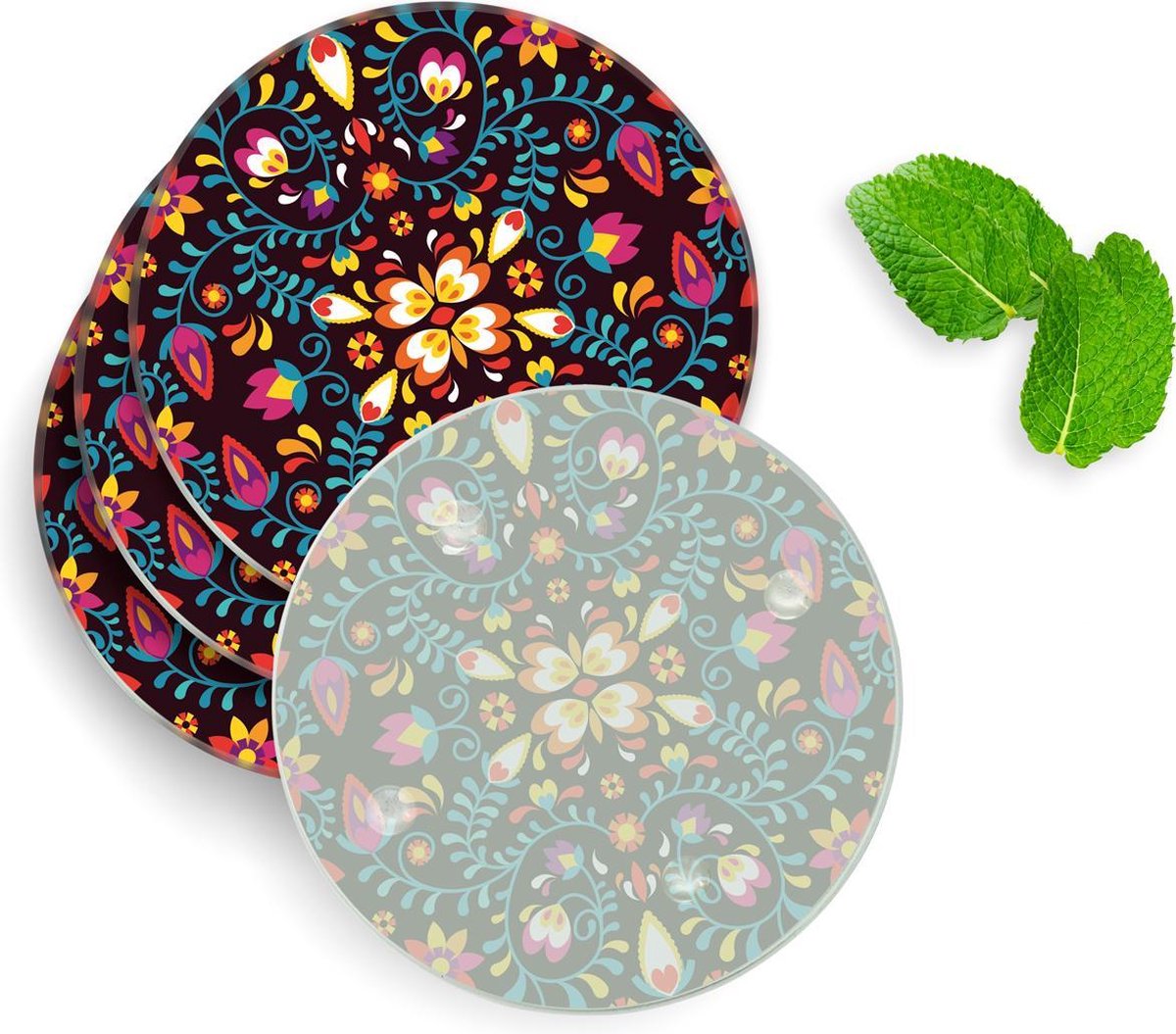 4 Luxe Glazen Onderzetters - Design Mexican Pattern - Rond