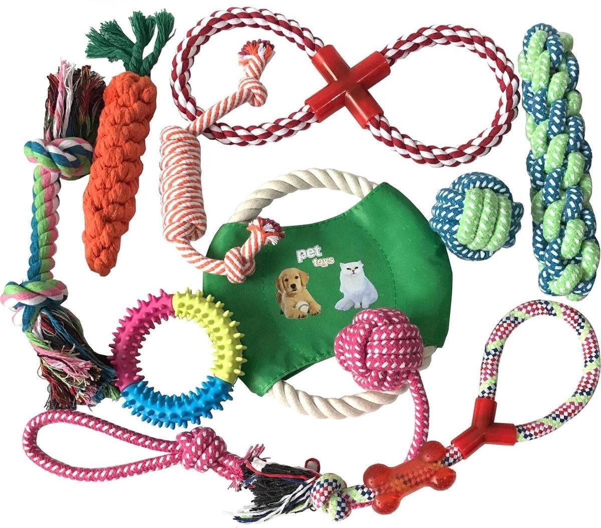 Hondenspeelgoed set van 10 stuks | Groene Frisbee |  Flostouw | Trektouw | Speelbal | Knuffel | Geschikt voor alle honden | Puppy | Kleine