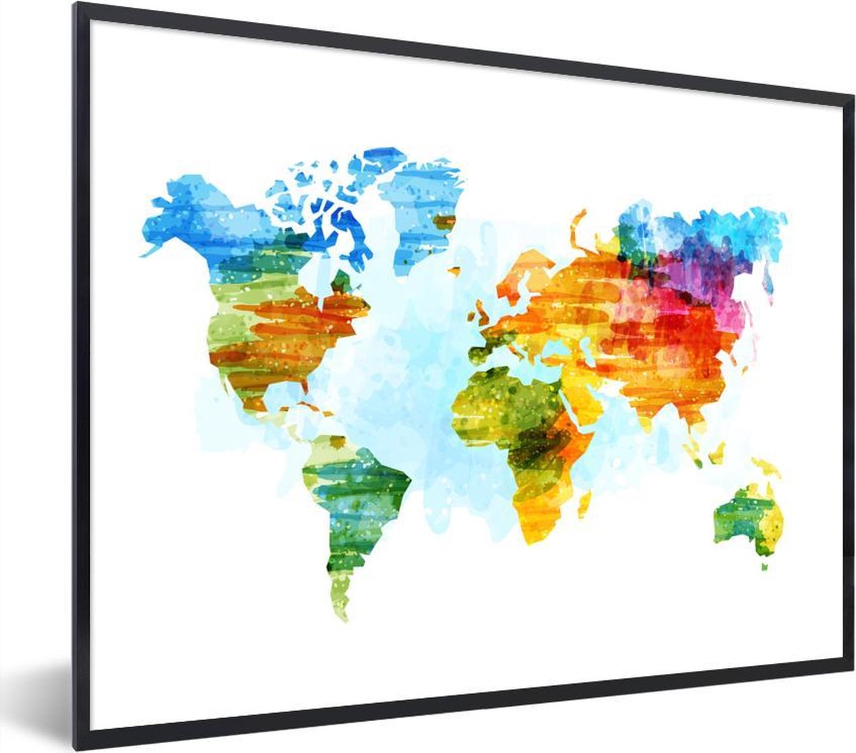 Poster met lijst Wereldkaart - Waterverf - Kleuren - 80x60 cm