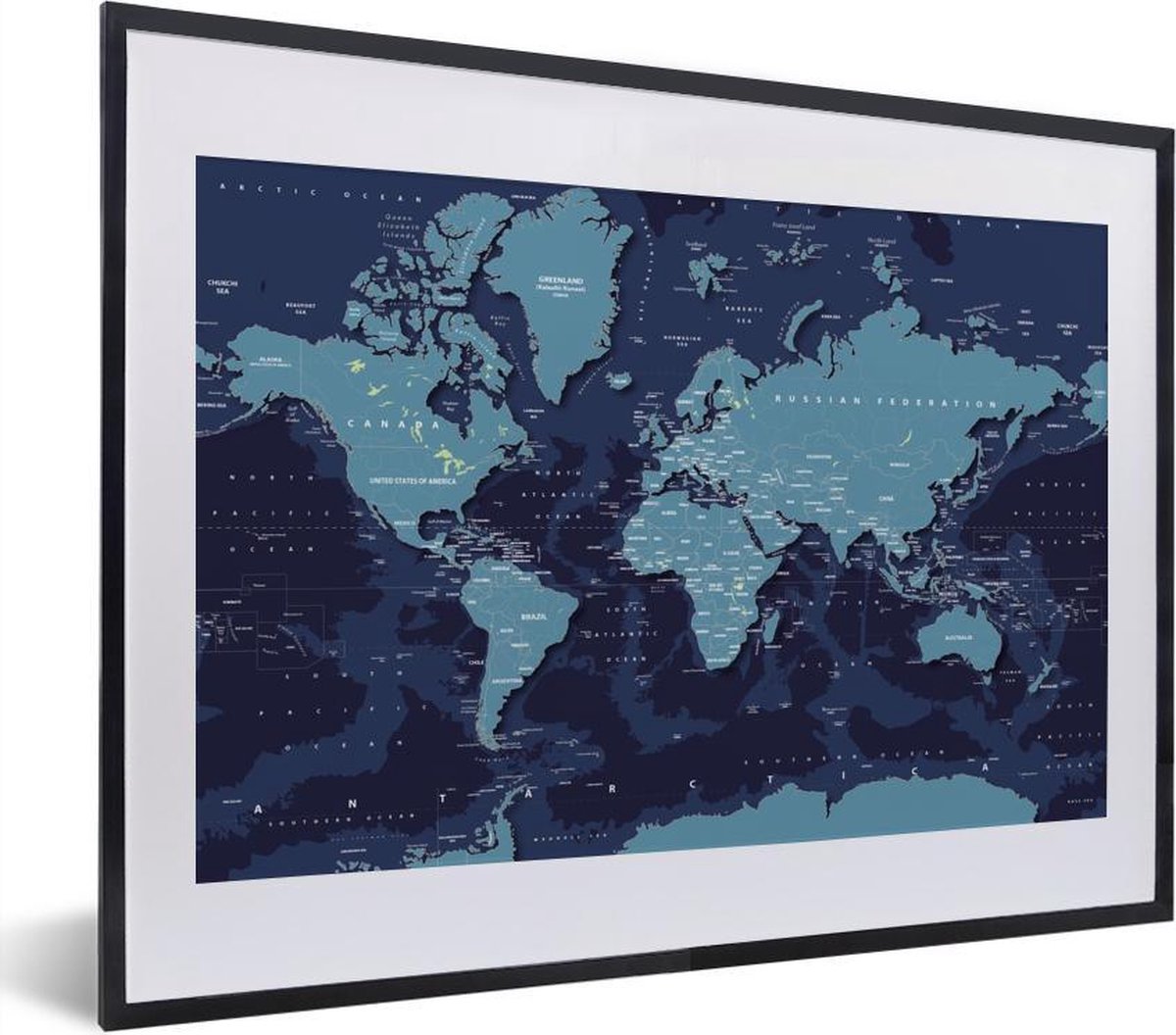 Blauwe abstracte wereldkaart met donkere schaduwen fotolijst zwart met witte passe-partout klein 40x30 cm