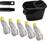 Maus complete dweil set gerecycled -14 liter emmer zwart inclusief steel en 5 spaanse moppen geel