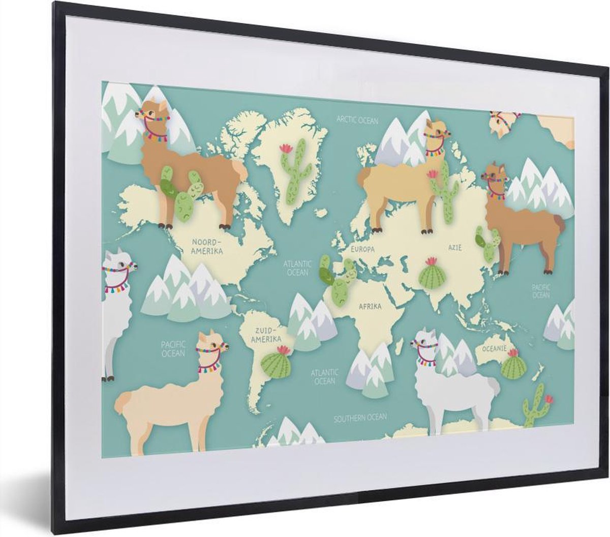Alpaca's en bergen op een lichte wereldkaart fotolijst zwart met witte passe-partout klein 40x30 cm