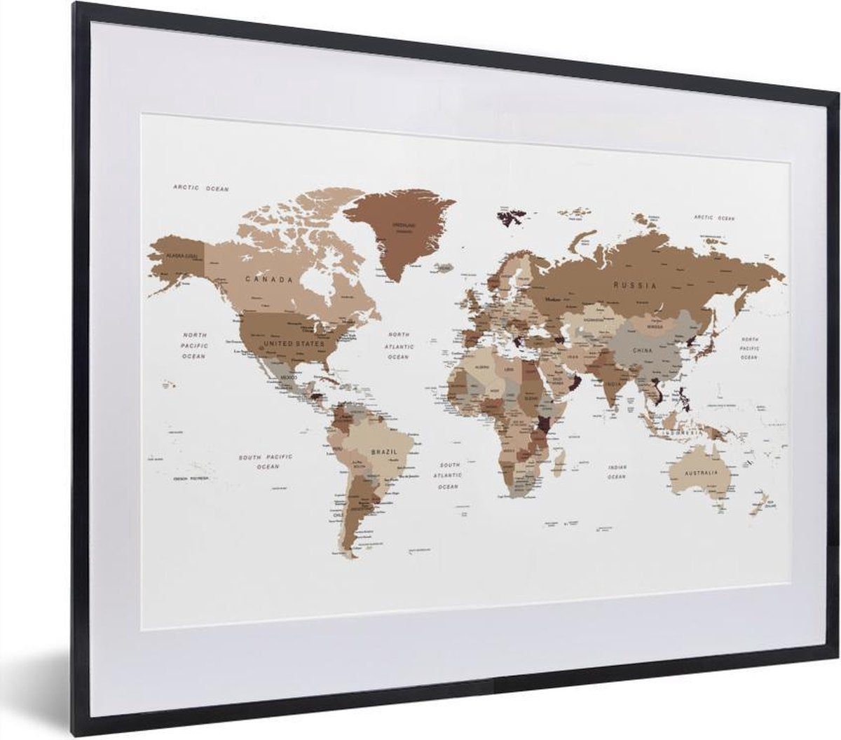 Bruin getinte wereldkaart fotolijst zwart met witte passe-partout klein 40x30 cm