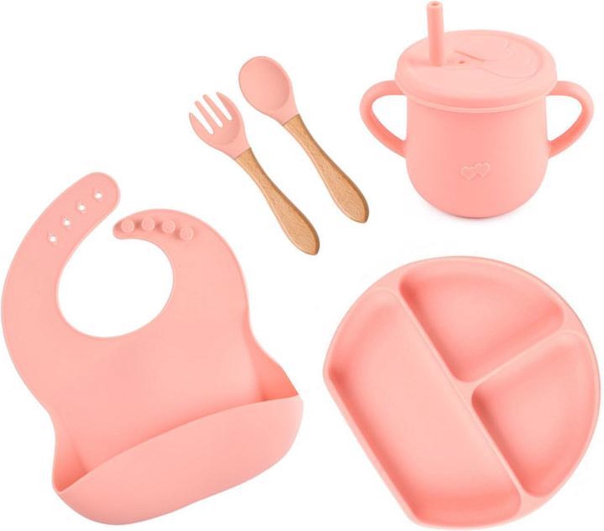 Baby Siliconen 5- delig / kinderservies voor Baby / Jongen / Meisje - Onbreekbaar  / Plaat - beker -Slabbetje - Lepel & Vork