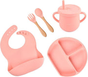 Baby Siliconen 5- delig / kinderservies voor Baby / Jongen / Meisje - Onbreekbaar  / Plaat - beker -Slabbetje - Lepel & Vork
