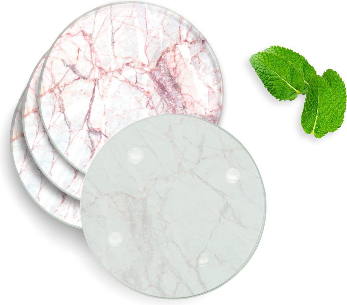4 Luxe Glazen Onderzetters - Design White Pink Marble - Rond