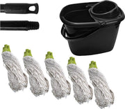 Maus complete dweil set gerecycled -14 liter emmer zwart inclusief steel en 5 spaanse moppen groen