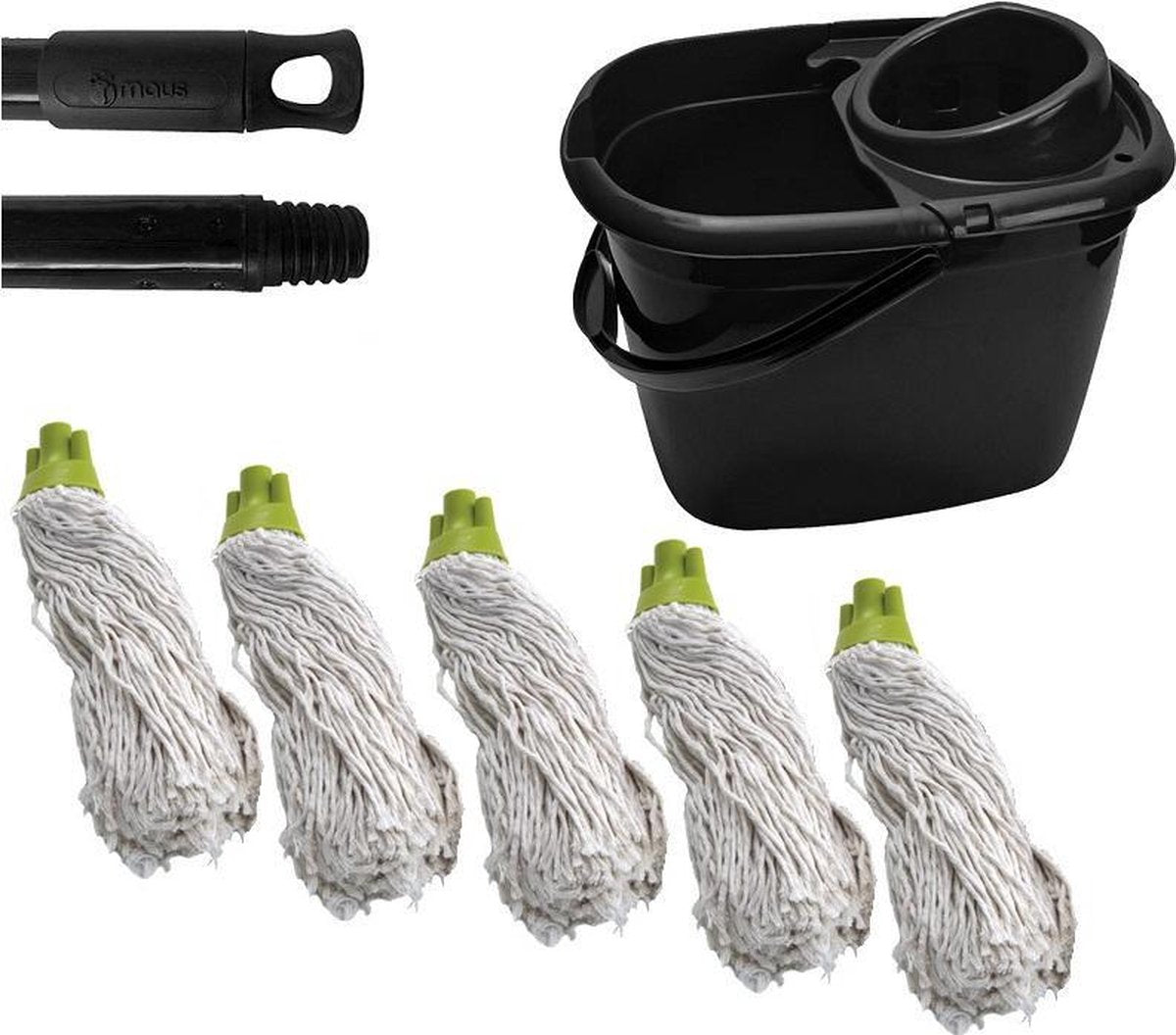 Maus complete dweil set gerecycled -14 liter emmer zwart inclusief steel en 5 spaanse moppen groen