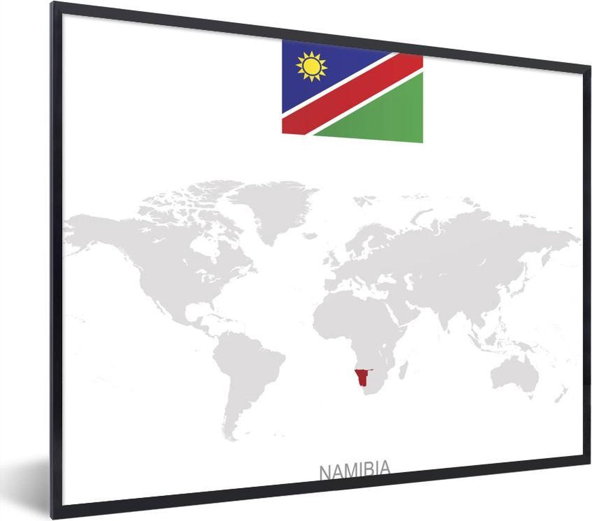 Illustratie van een grijze wereldkaart met Namibië in het rood fotolijst 50x40 cm