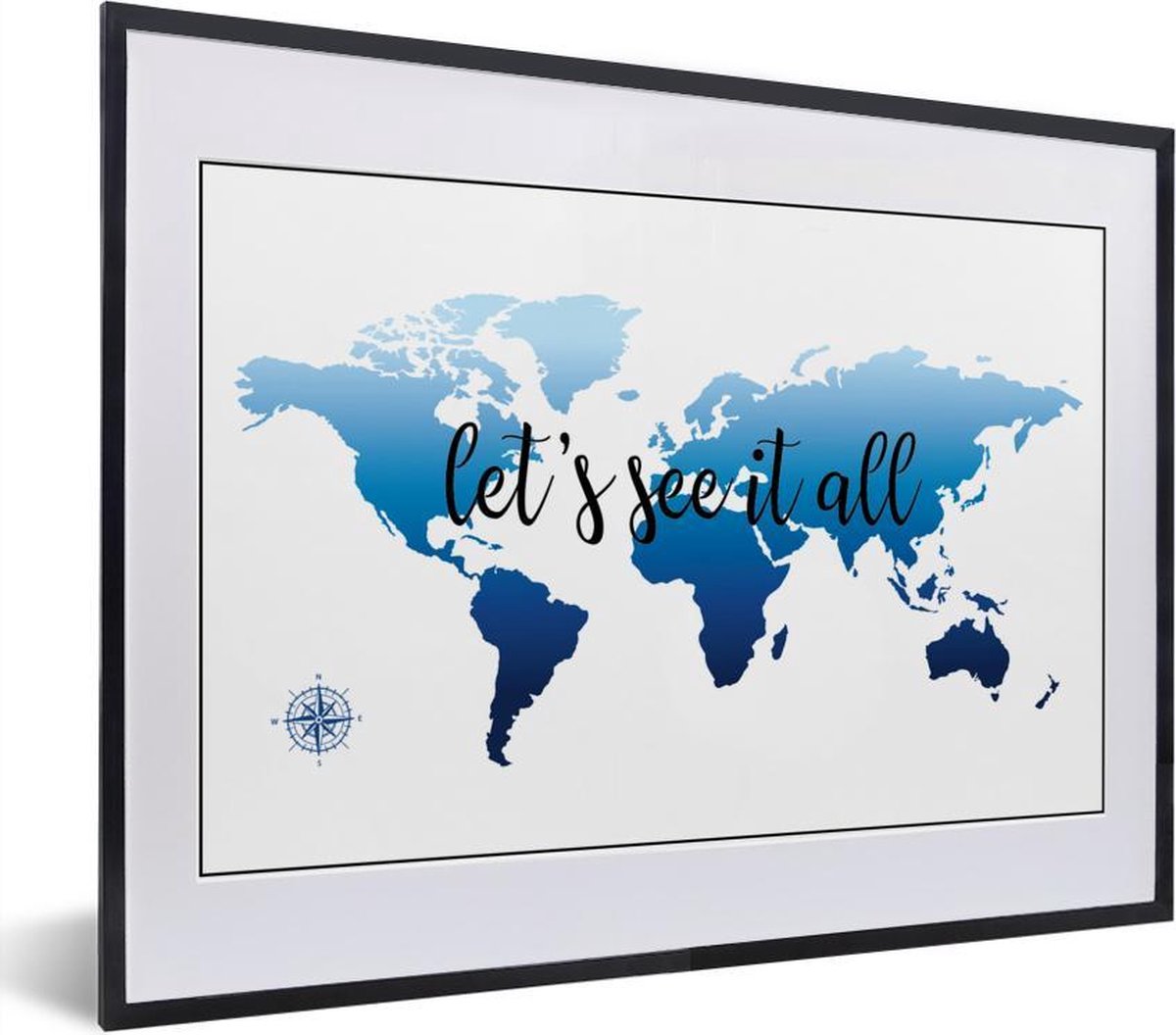 Blauwe wereldkaart met de tekst 'let's see it all' fotolijst zwart met witte passe-partout klein 40x30 cm
