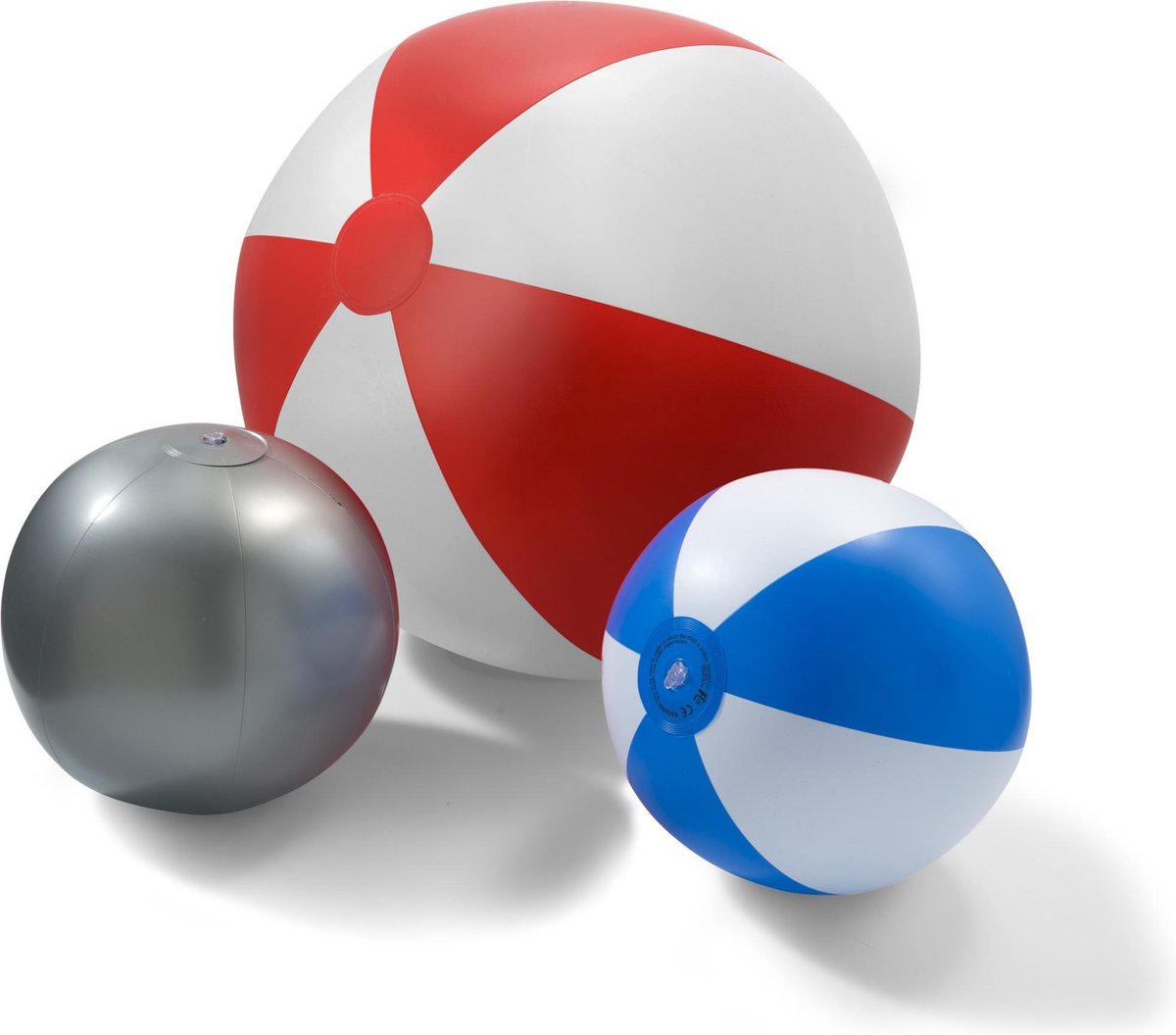Strandballen set -  3 stuks - 1 grote Rood Wit en 2 kleinere 1 x zilver