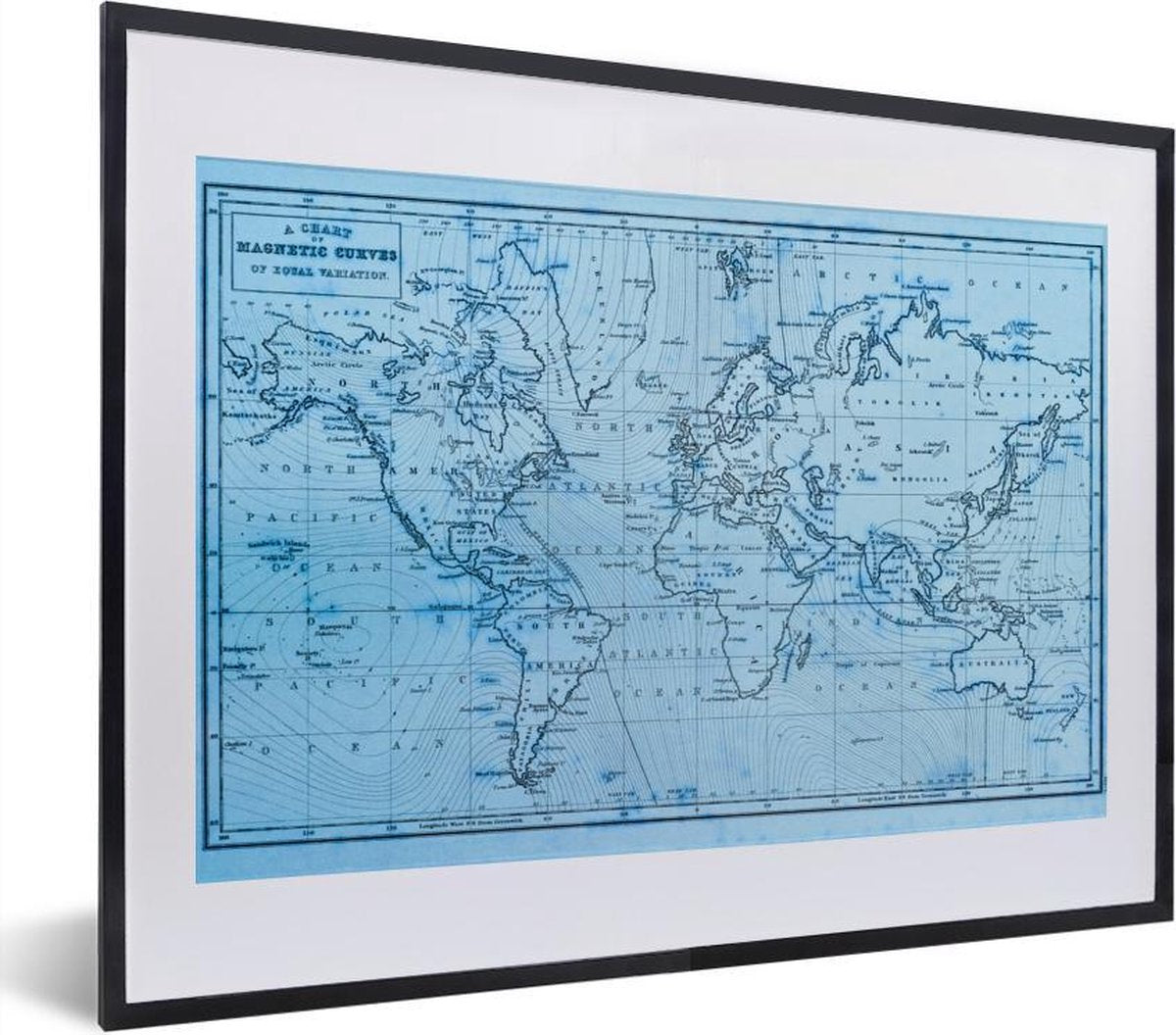 Blauwe wereldkaart met magnetic curves fotolijst zwart met witte passe-partout klein 40x30 cm