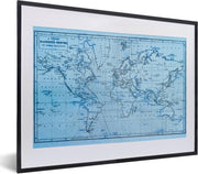 Blauwe wereldkaart met magnetic curves fotolijst zwart met witte passe-partout klein 40x30 cm