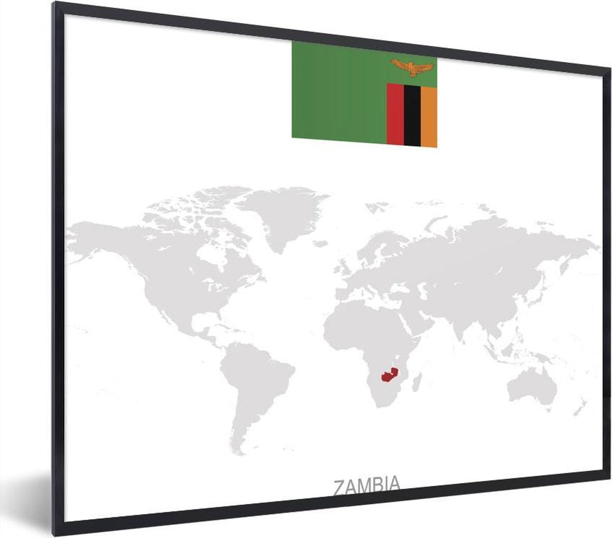 Poster met lijst Zambia illustratie - een wereldkaart met Zambia in het rood - fotolijst zwart - 80x60 cm - Poster met lijst