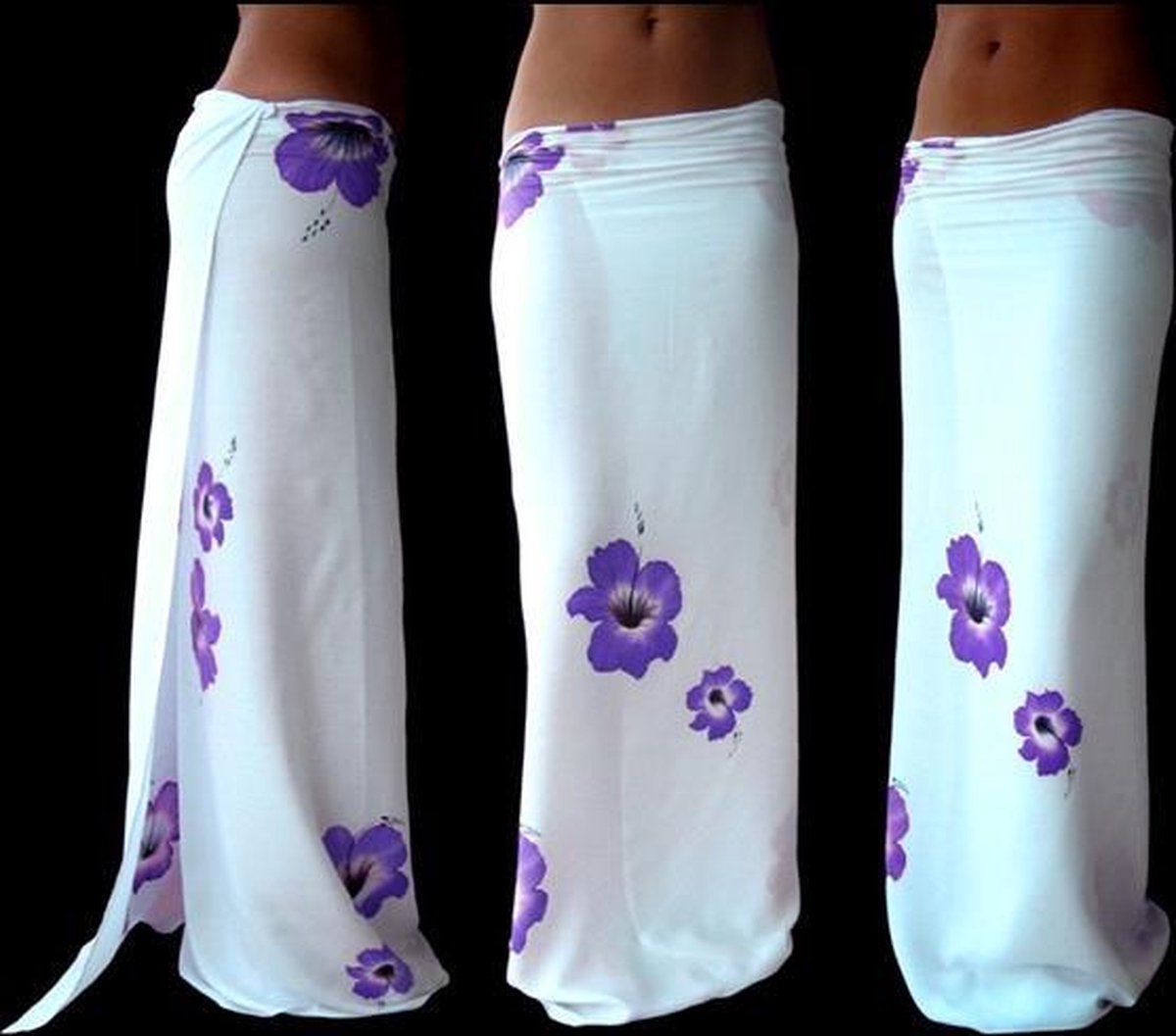 Witte Sarong Paarse Handgeschilderde Bloemen Pareo Omslagdoek Hamamdoek StrandLaken Beste Kwaliteit Rayon - Viscose 115 * 180 cm