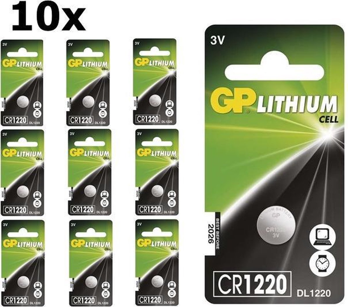 10 Stuks - GP CR1220 3V 40mAh lithium knoopcelbatterij