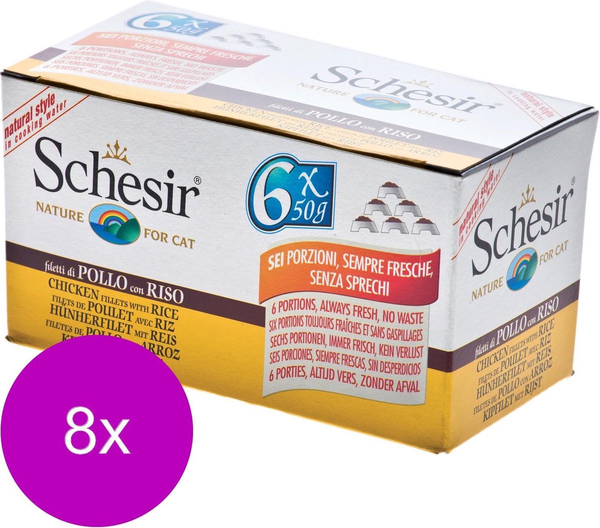 Schesir Kat Mp Blik Gekookt 6x50 g - Kattenvoer - 8 x Kip&Rijst