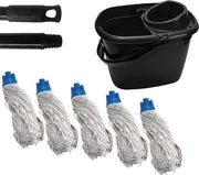 Maus complete dweil set gerecycled -14 liter emmer zwart inclusief steel en 5 spaanse moppen blauw