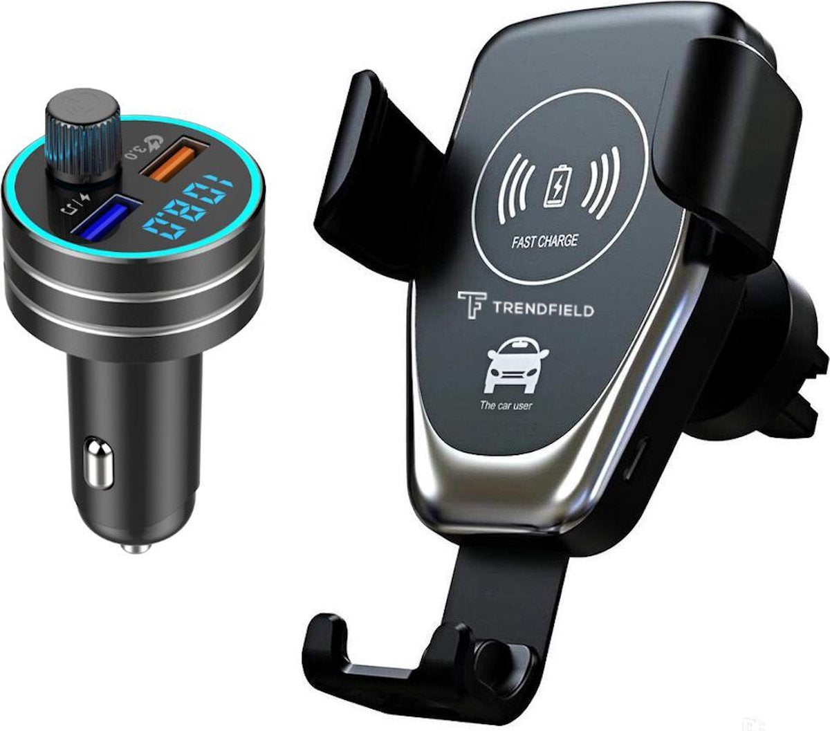 Trendfield FM Transmitter + Telefoonhouder Auto Draadloze Oplader - Bluetooth Carkit voor Muziek – Compleet Pakket