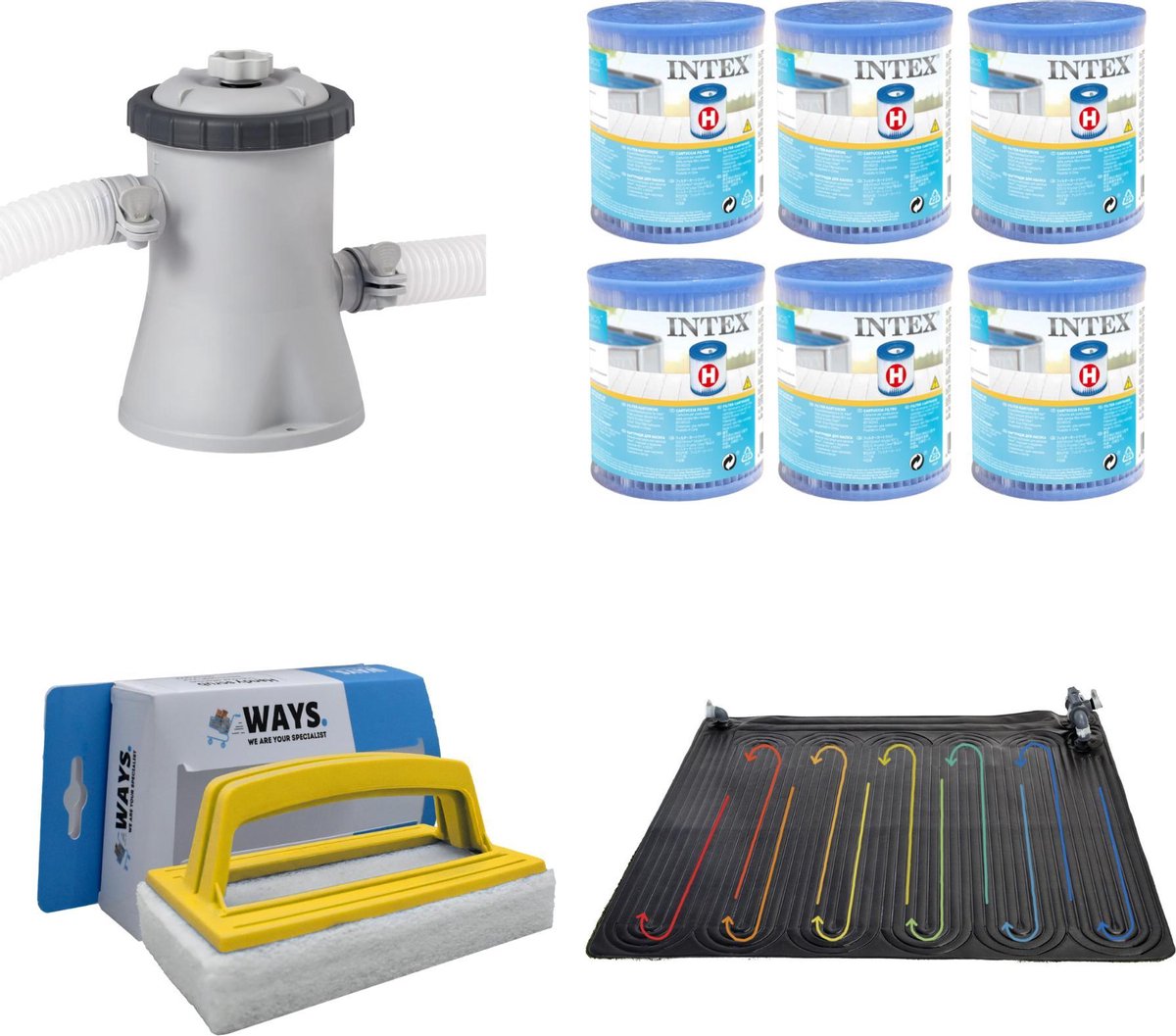 WAYS - Zwembad Onderhoud - Zwembad Verwarming & Intex Filterpomp 28602GS & 6 Intex Filters Type H & WAYS Handy Scrubborstel