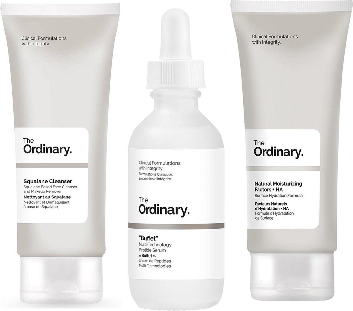 The Ordinary verzorgingsset - Squalane Cleanser 150 ml - Buffet Multi-Technology Peptide Serum 60 ml - Natural Moisturizing Factors + HA 100 ml - Anti-aging