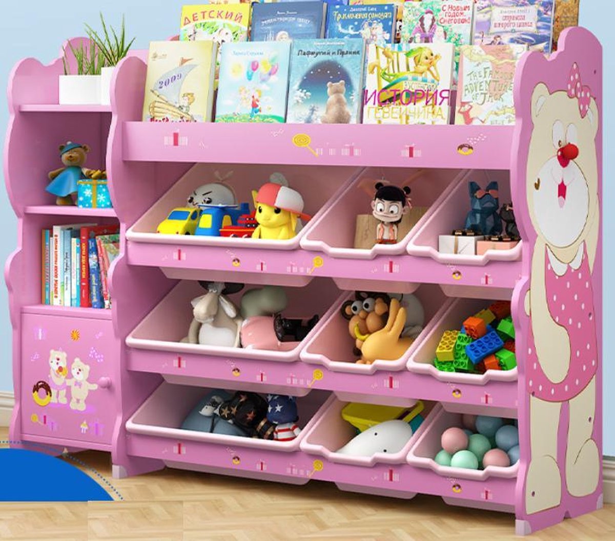Onshine 3-laags Kast met 9 Opslagbakken & Boekenplank & extra Boekenkast - Roze Beer - Opbergkast - Speelgoedrek - Opbergrek kinderen - Speelgoedboxen - Opbergmeubel - Kast - Kinderkast - Organizer - Speelgoedkast