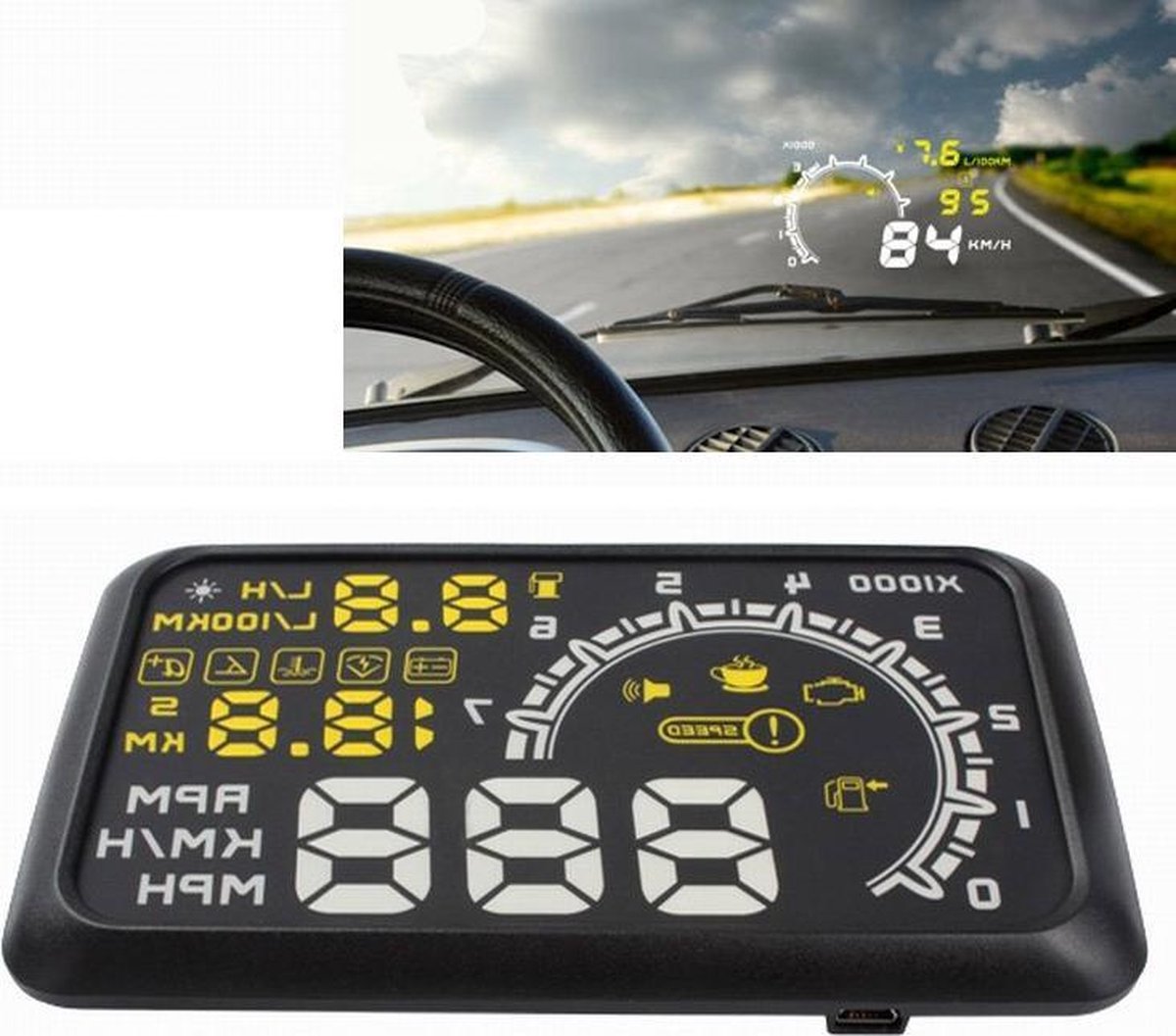 W02 5.5 inch Auto OBDII HUD Waarschuwingslampje voor brandstofverbruik Op het voertuig gemonteerde head-up display-projector met led