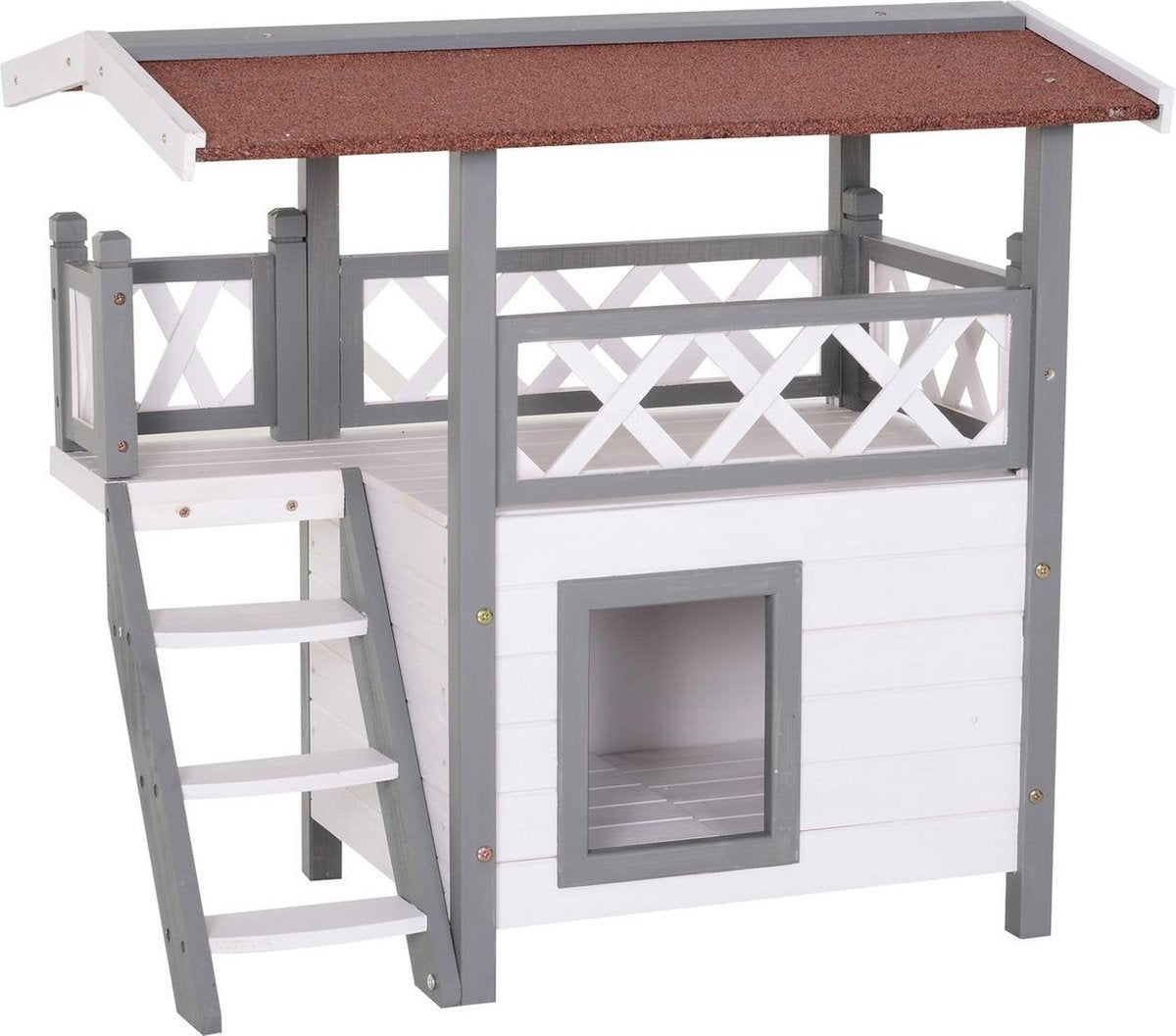Kattenvilla met trap en balkon - Kattenhuis - Kattenhok - Krabpaal - 2 verdiepingen - 77 x 50 x73 cm - Wit/Grijs