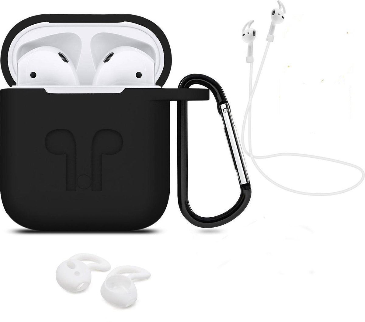 3 in 1 set! Hoesje voor Airpods siliconen case cover beschermhoes + strap + earhoox - zwart