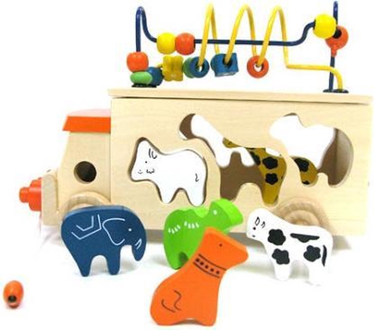 4-in-1 Trekfiguur & Dierlijke vormenpuzzel & Kralenspiraal & Houten vrachtwagen - Trekspeeltje