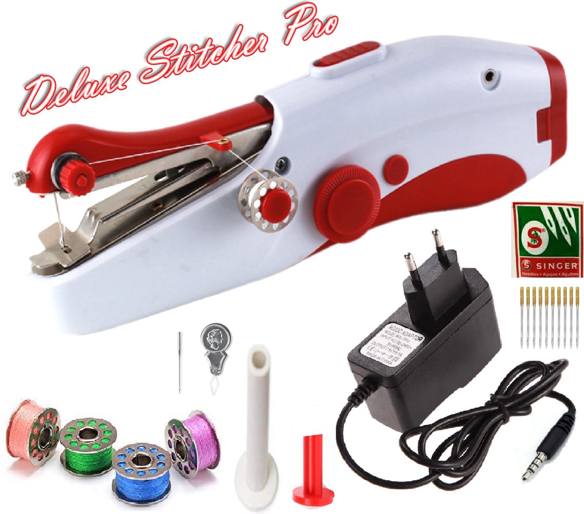Deluxe Stitcher Pro - PREMIUM Handnaaimachine met Adapter + 11 Reserve naalden en accessoires