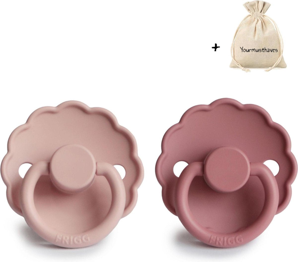 FRIGG | Fopspeen Duo | T1 | 0-6 maanden | Daisy | Natuurrubber | Blush + Dusty Rose | Met YOURMUSTHAVES speenzakje
