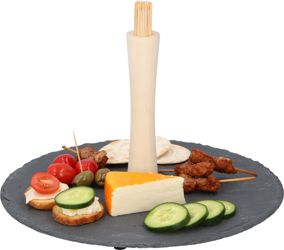 Alpina serveerschaal voor hapjes/amuses - rond - 30x30cm - met ca 100 bamboe cocktailprikkers