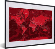 Abstracte rode wereldkaart met schaduwen fotolijst zwart met witte passe-partout klein 40x30 cm