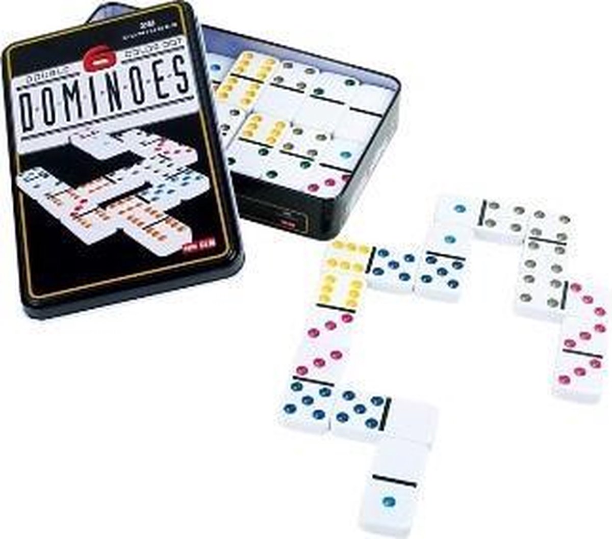 Domino vergroot en met kleurencodes 50 x 25 x 7 mm (28 stuks in metalen kistje)