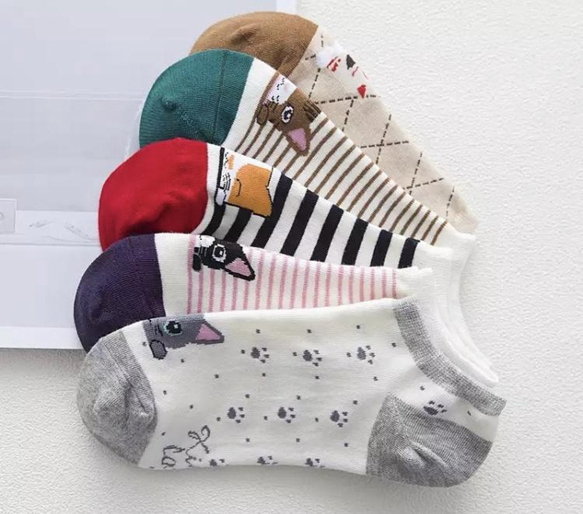 Set van 5 paar kattensokken - Cartoon Style - Enkelsokken Kat - Unisex - Multipack - Maat 36-41