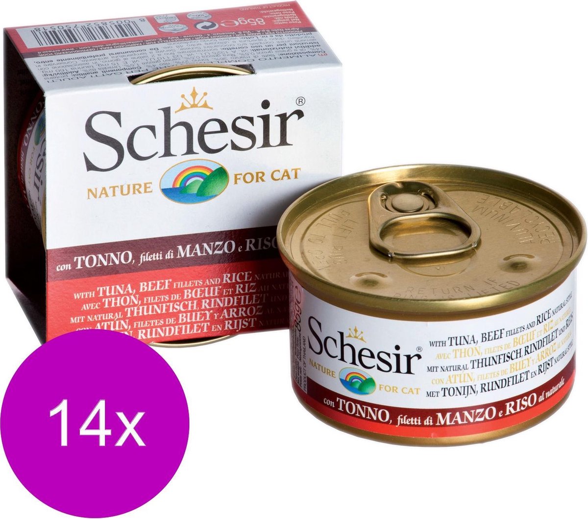 Schesir Kat Blik Gekookte Vis Tonijn/Rund/Rijst - Kattenvoer - 14 x 85 g