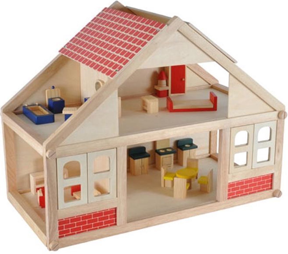 Houten poppenhuis inclusief 25 meubeltjes