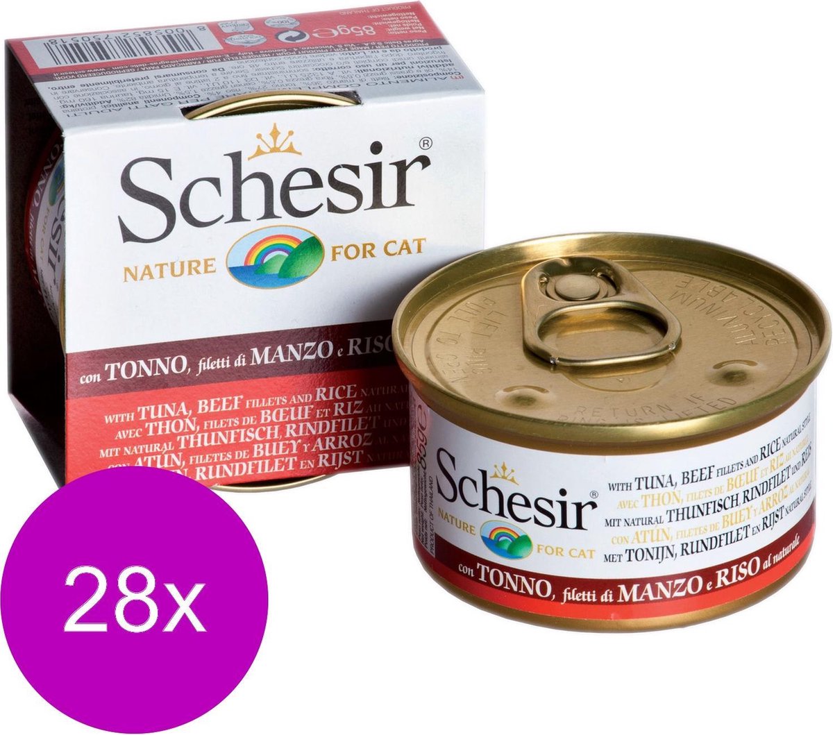 Schesir Kat Blik Gekookte Vis 85 g - Kattenvoer - 28 x Tonijn&Rund&Rijst