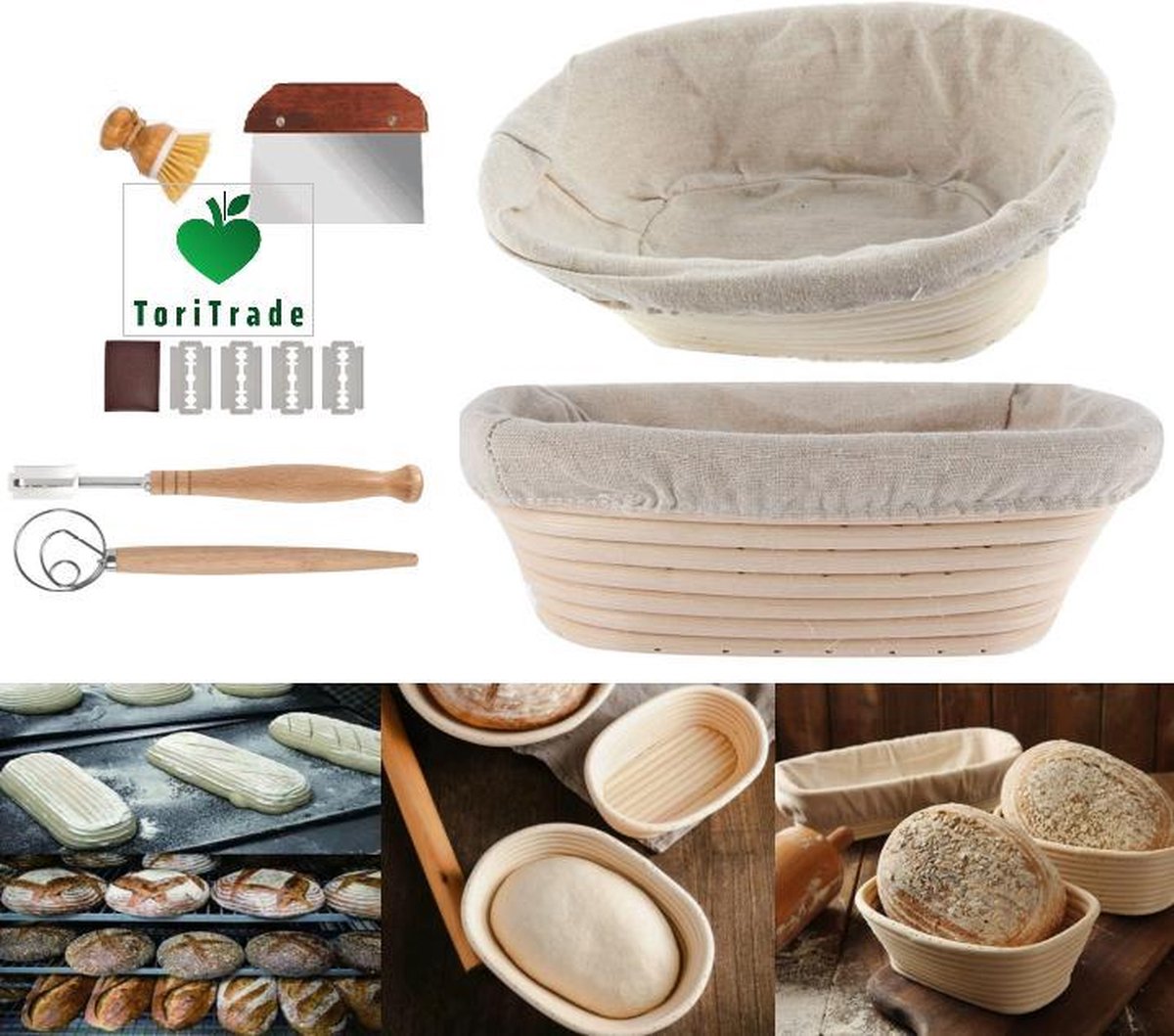 ToriTrade 6-Delige set Rijsmandje - Ovaal 25x15x8 cm (600 gr Brooddeeg)-Brood Banneton- Proofing Rattan Bask-Opbergmand