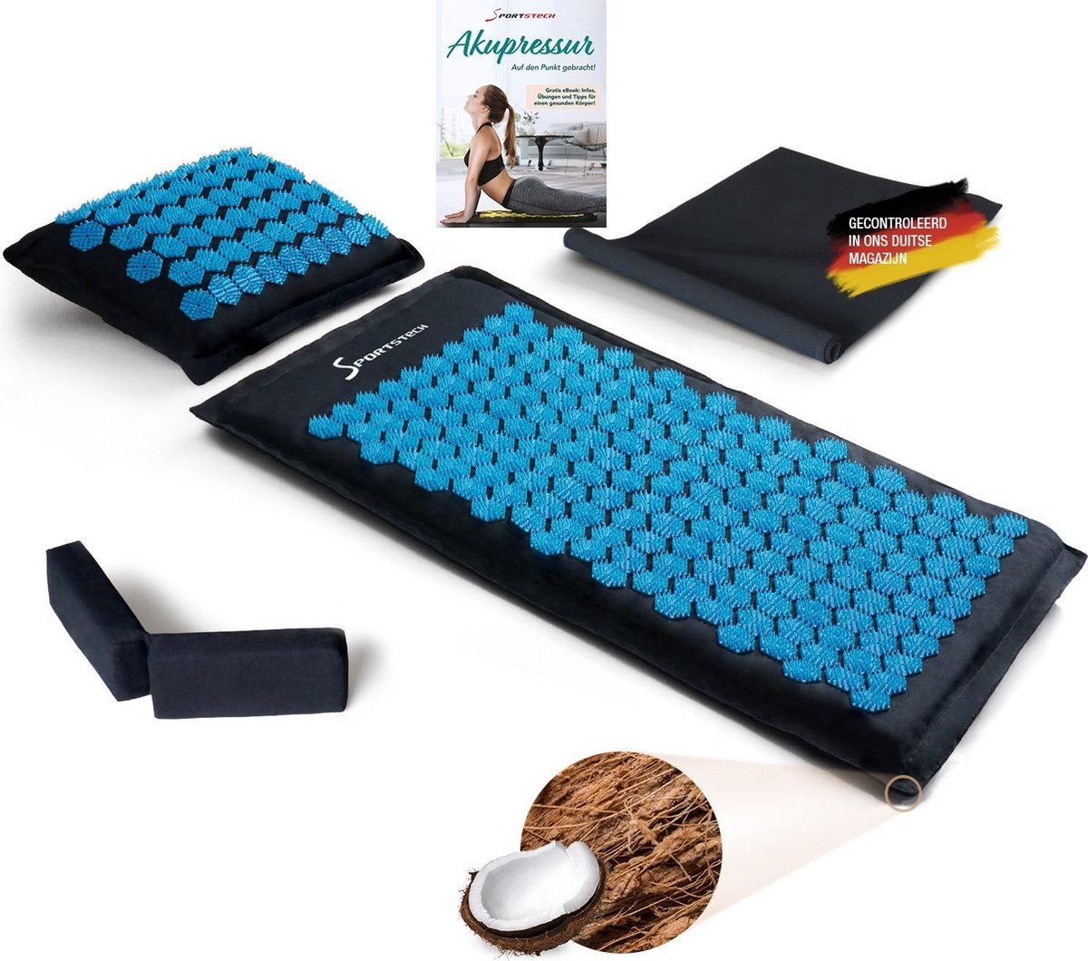 Sportstech acupressuurmat AXM100 met kussen | als naaldmat en massagemat + acupressuur als perfect relax cadeau voor vrouwen + mannen | aangename ontspanning resp. doorbloeding