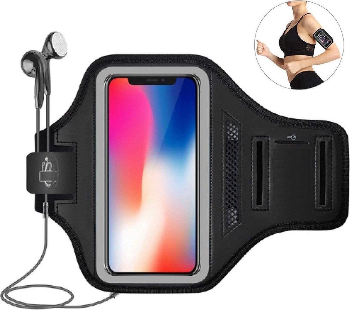 Hardloop Armband (ZWART) - universeel - voor o.a. iPhone 12/ 12 Pro/ 11 Pro -samsung - nokia - Spatwatervrij - Reflecterend - Comfortabel - Verstelbaar - Koptelefoon Aansluitruimte en Sleutelhouder
